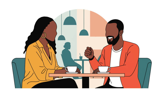 Two African friends sharing coffee and conversation at a café. Ideal for social connection, friendship, lifestyle, and modern culture themes
