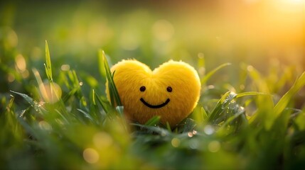 A small, fuzzy yellow heart with a happy smiley face resting in lush green grass during a bright, sunny morning with warm sunlight