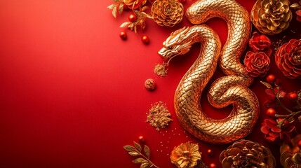 The golden dragon among red decorations and flowers embodies Eastern symbolism, serving as an expressive backdrop for cultural events or festive celebrations.