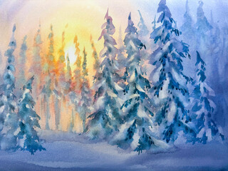 Snowy winter forest landscape painted in watercolor