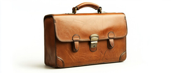 A stylish leather briefcase with a classic design and signs of wear will emphasise professionalism, serving as a reliable backdrop for advertising business accessories or educational courses.