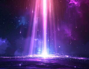 A vivid cosmic scene featuring bright pink and purple light rays piercing through a stardust-filled nebula backdrop