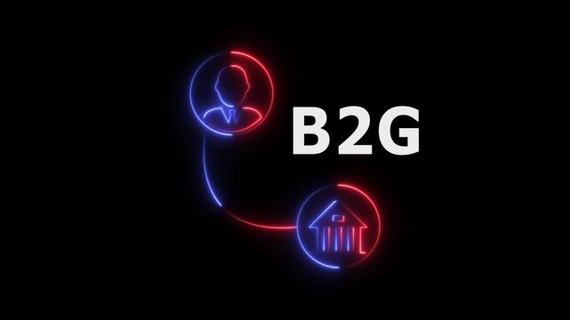 Abstract glowing neon business to government (B2G) icon animation with dark background.