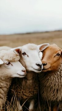 Curious sheep huddling together in peaceful pasture during calm daytime