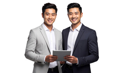Two smiling, confident business partners or business people standing together and holding a tablet, isolated on transparent background