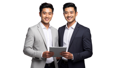 Two smiling, confident business partners or business people standing together and holding a tablet, isolated on transparent background
