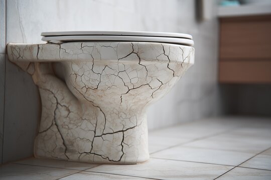 A cracked toilet bowl on a tiled bathroom floor.