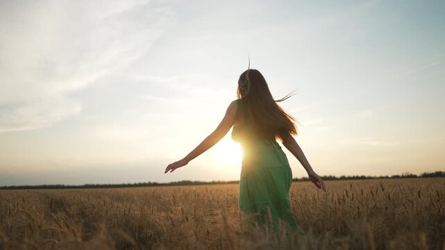 Woman in dress walking through wheat field. Cinematic shot woman touching wheat. Countryside tranquility as woman explores nature. Scenic wheat field journey. Woman enjoying peaceful countryside field