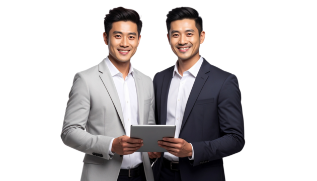 Two smiling, confident business partners or business people standing together and holding a tablet, isolated on transparent background