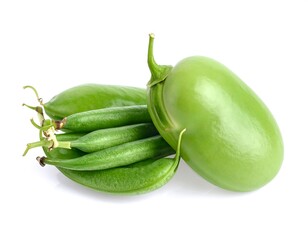 Several vibrant green legumes, some in their pods, are neatly arranged on a pristine white backdrop. The photo has excellent lighting