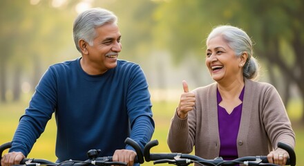 An elderly couple enjoys cycling together in a sunny park, with the woman giving a cheerful thumbs-up