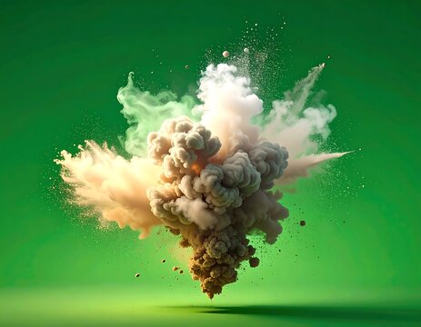 Central explosion of swirling beige-white dust against a vibrant green backdrop, creating a dramatic, abstract composition