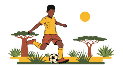 African boy playing soccer outdoors with joyful energy. Great for childhood joy, sports development, and playtime lifestyle content