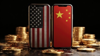 Two smartphones with US and Chinese flags, surrounded by gold coins, against a dark background