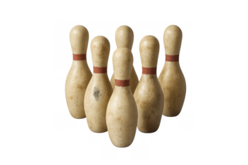 Set of old wooden bowling pins with red stripes, showing classic sport equipment for a game. Transparent background