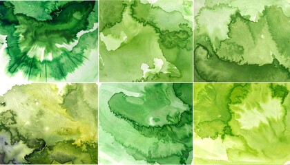 Six abstract watercolor compositions, varied hues of green blending and bleeding with textured edges
