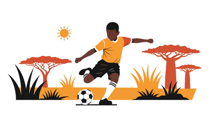 African boy playing soccer outdoors with joyful energy. Great for childhood joy, sports development, and playtime lifestyle content