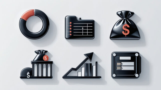 Collection of sleek 3D financial and business data icons in a modern black and red aesthetic, representing growth, investment, and market analysis for digital dashboards and corporate presentations - Powered by Adobe