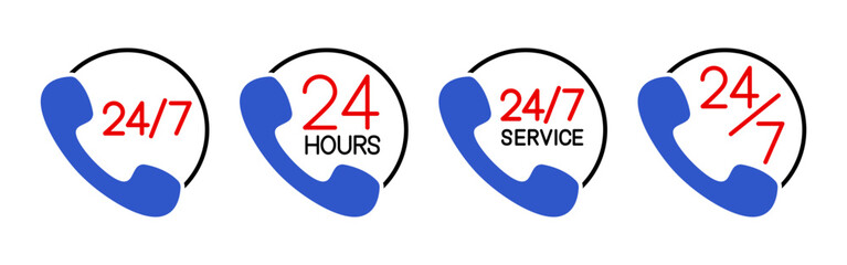 Vector isolated 24 7 Service icon set in black, red, and blue color