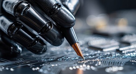 A robotic hand with pen writing on a circuit board, conveying AI and tech themes