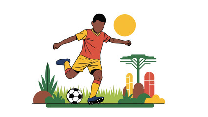 Naklejka premium African boy playing soccer outdoors with joyful energy. Great for childhood joy, sports development, and playtime lifestyle content
