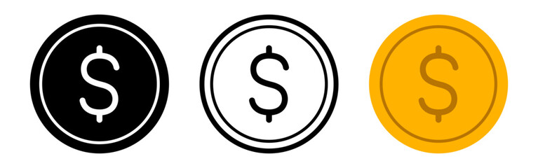 Vector isolated Dollar Coin icon set in black and yellow color