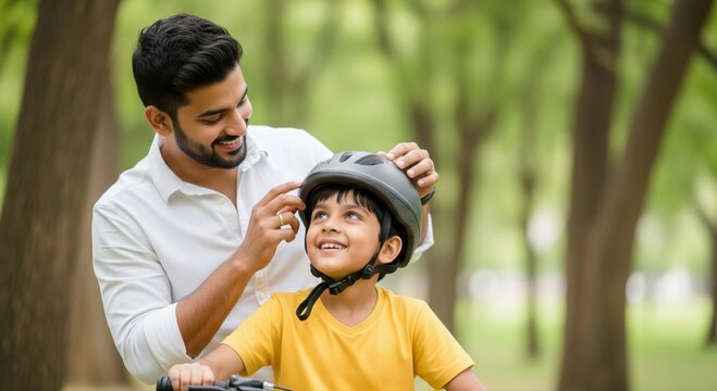 A father attentively secures a helmet on his son before a bicycle ride in a green park, ensuring safety and care.