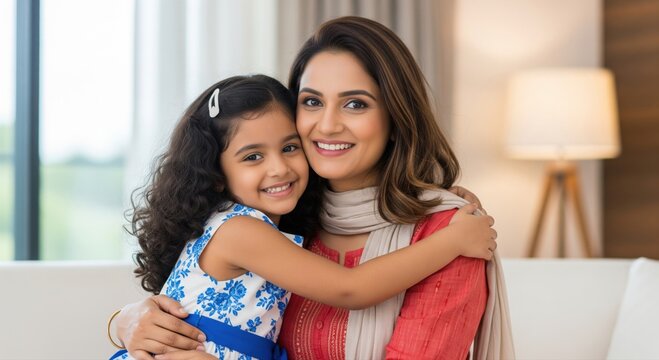 Happy indian woman with her daughter giving happy expression