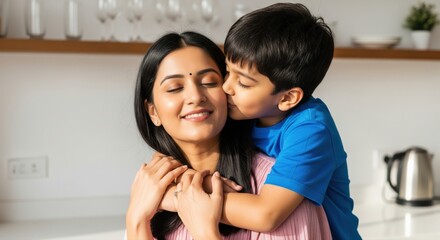 Fototapeta premium A mother receives a joyful embrace from her son in a bright, modern kitchen setting, capturing a moment of warmth and togetherness.​
