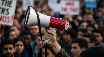 Activist holding megaphone at a public protest rally