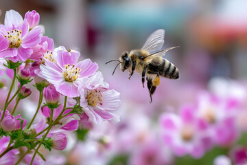 Bee in Flight Approaching Pink and White Cosmos Flowers