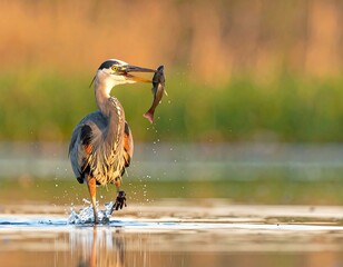Blue heron strides through shallow water, fish in beak, creating ripples against a soft, blurred, golden background