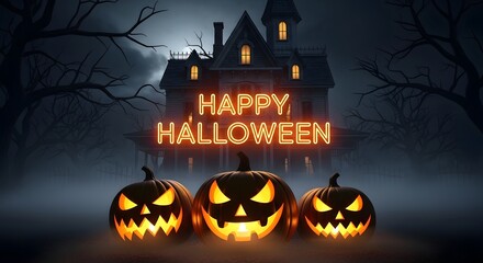 Eerie Halloween greeting card design with three luminous carved pumpkins and a silhouette of a haunted manor against a foggy night sky