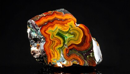 A vivid layered rock with concentric waves of orange, green, yellow, and red set against a reflective black background