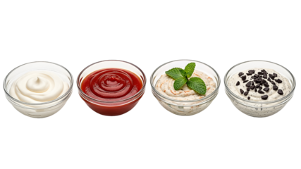 Four bowls of different sauces: mayonnaise, ketchup, hummus, and a white sauce with black toppings.