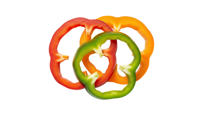 Three colorful rings of sliced bell pepper, red, orange, and green, interlocked on a white background.