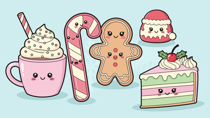 Kawaii Christmas treats: hot chocolate, candy cane, gingerbread man, Santa hat cookie, and cake slice.