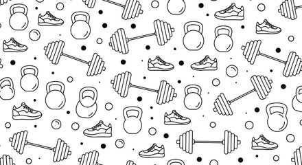 Seamless pattern of gym and fitness equipment outlines isolated on white background