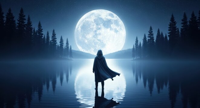 Mysterious Hooded Figure Gazing at Giant Full Moon Over Tranquil Lake