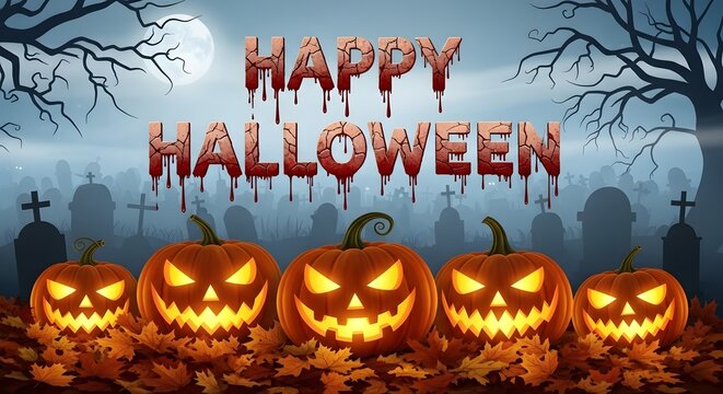 A festive banner of glowing evil pumpkins in a misty graveyard with tombstones and a full moon for a spooky celebration