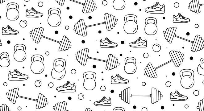 Seamless pattern of gym and fitness equipment outlines isolated on white background - Powered by Adobe