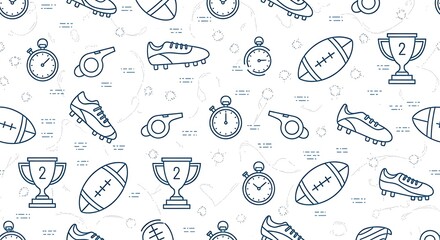 Seamless pattern of rugby and football sports equipment and trophies