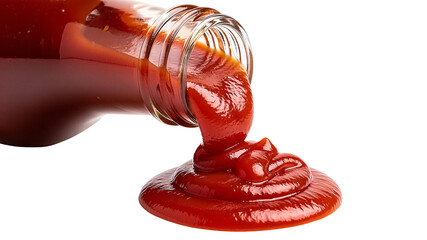 Red tomato ketchup pouring from a clear glass bottle onto a white background, creating a delicious puddle.