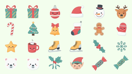 Christmas icons set with gifts, ornaments, and holiday symbols.