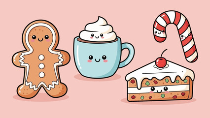 Cute cartoon Christmas sweets: gingerbread man, hot chocolate, candy cane, and cake slice with cherry on top.