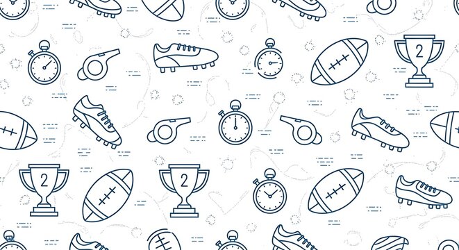 Seamless pattern of rugby and football sports equipment and trophies