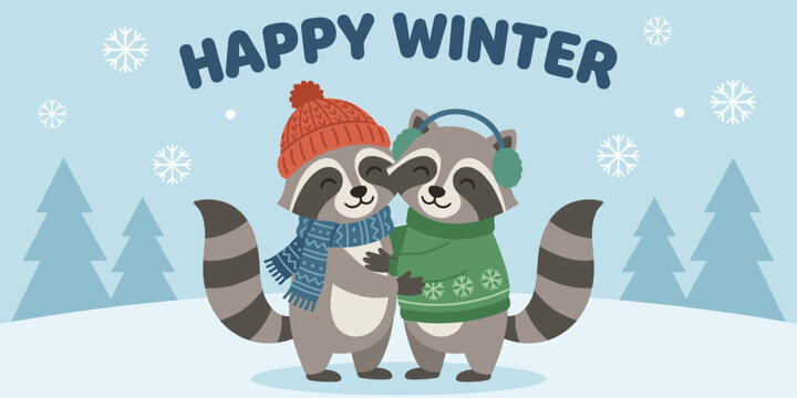 Cute Winter Raccoons Hugging in Snowy Forest