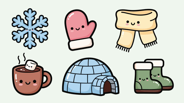 Cartoon winter icons: snowflake, mitten, scarf, cocoa, igloo, boots.