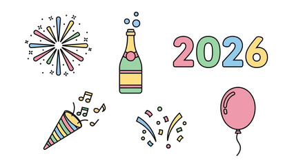 New Year's Eve 2026 celebration icons: fireworks, champagne, confetti, party popper, and balloon.