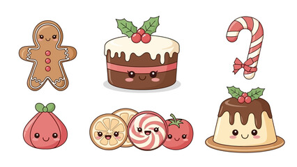 Cute Christmas desserts and sweets with kawaii faces, including gingerbread man, cake, candy cane, pudding, and fruit.